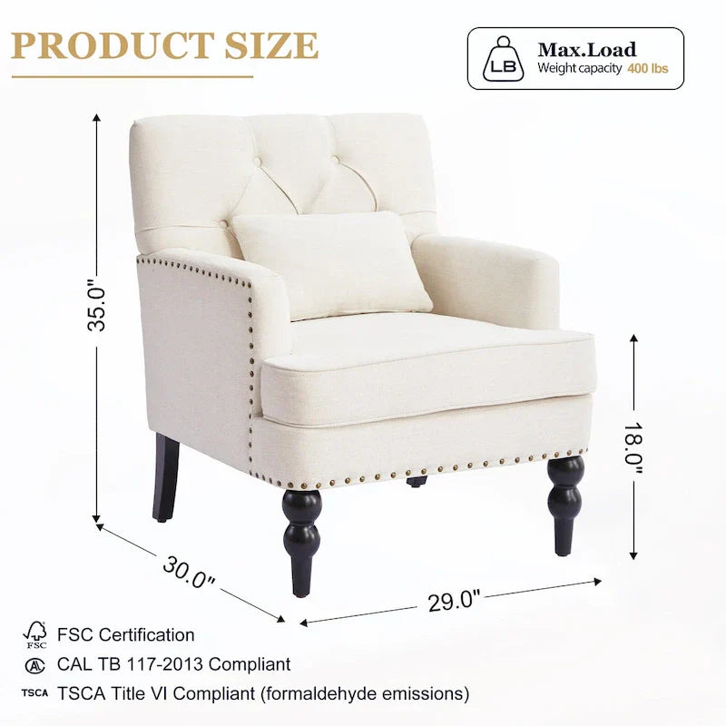 Set Of 2 Upholstered Button-Tufted Accent Chairs With Lumbar Pillows - 30 x 29 x 35 inches