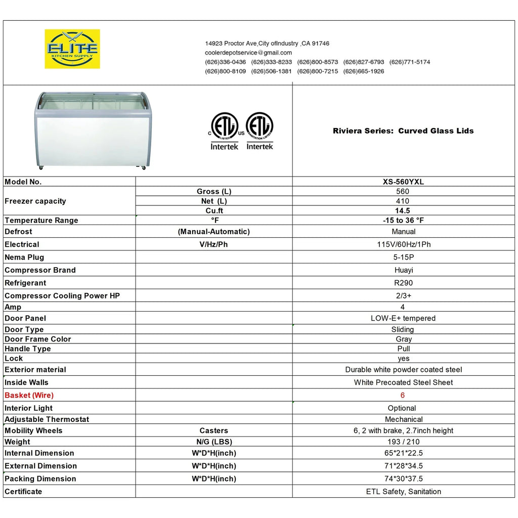 Commercial Chest Freezer, 14.5 Cu. Ft., 72 in Curved Glass Lid