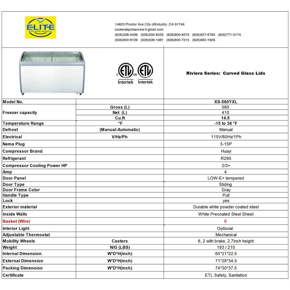 Commercial Chest Freezer, 14.5 Cu. Ft., 72 in Curved Glass Lid