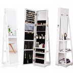 Dextrus 360 Degree Swivel Lockable Jewelry Cabinet With Full-Length Mirror And Rear Storage Shelves - White