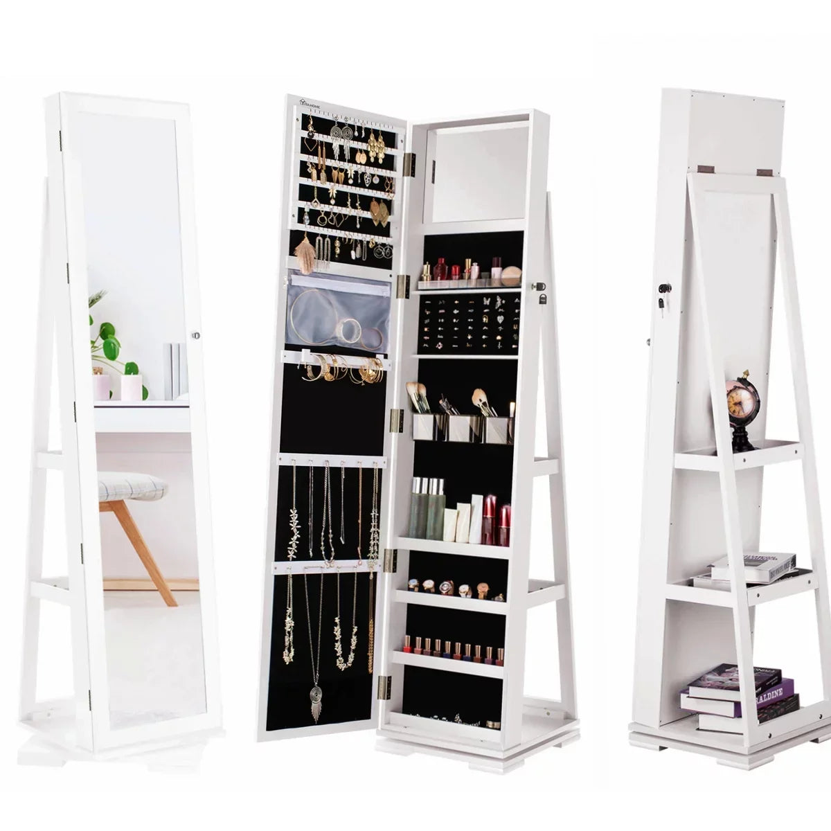 Dextrus 360 Degree Swivel Lockable Jewelry Cabinet With Full-Length Mirror And Rear Storage Shelves - White