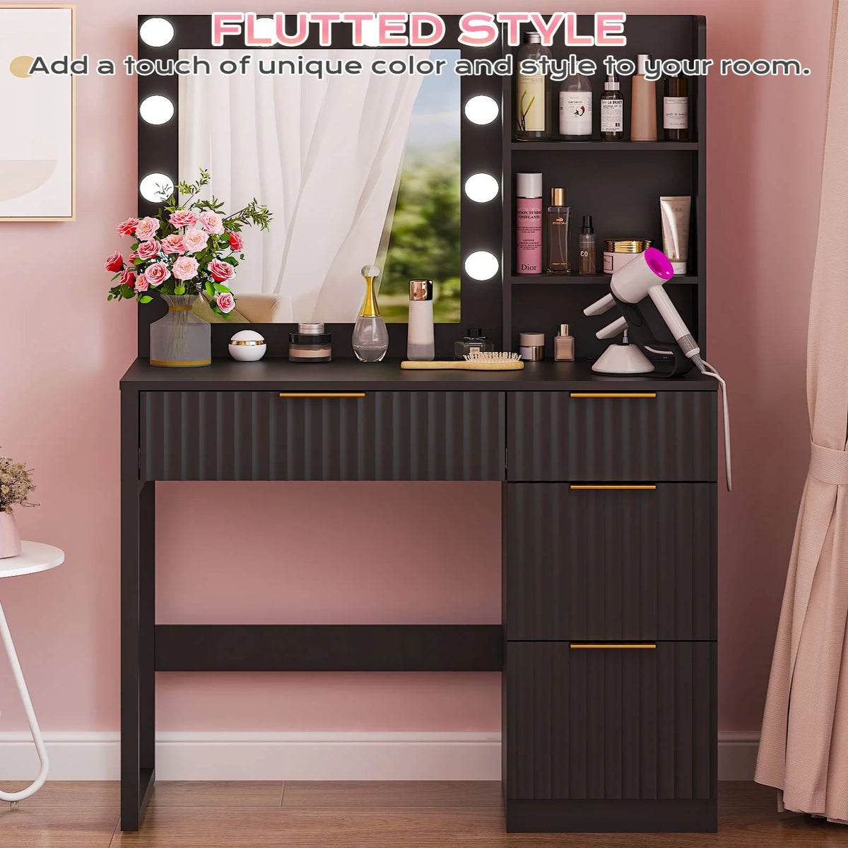 Ktaxon Vanity Makeup Table With Stool, 3-Color Lighted Mirror, 3 Shelves, Drawers, White - 35.43 x 15.55 x 29.53-53.27 in