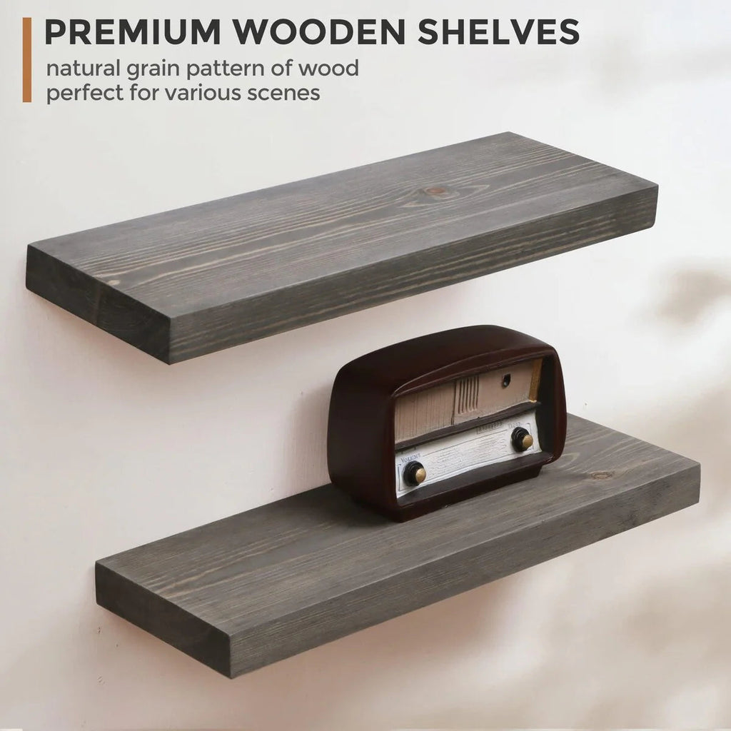 Set Of 2 Handcrafted European Pine Floating Wall Shelves, 16inch/24inch/36inch, Grey/Espresso/Walnut