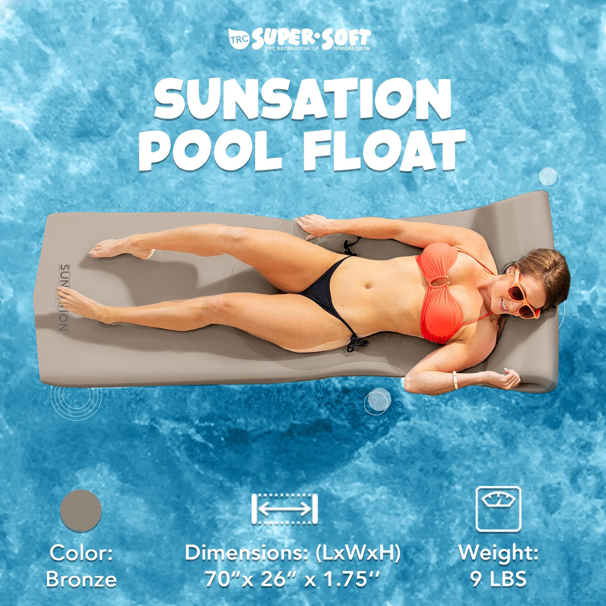 TRC Recreation Sunsation Foam Pool Float Lounger With Headrest, 1.75 in Thick, 2 Pack, Bronze