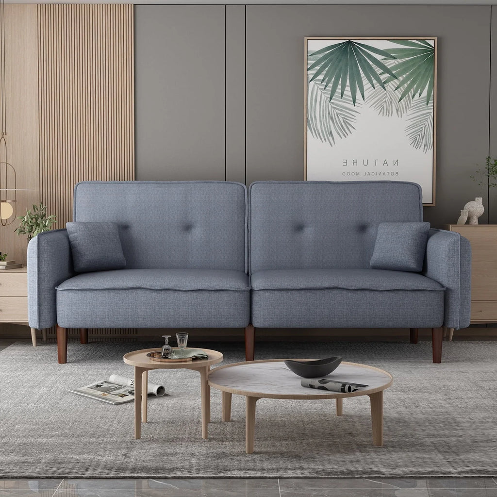 Modern Grey Fabric Futon Sofa Bed With Solid Wood Legs And Accent Pillows