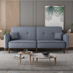 Modern Grey Fabric Futon Sofa Bed With Solid Wood Legs And Accent Pillows