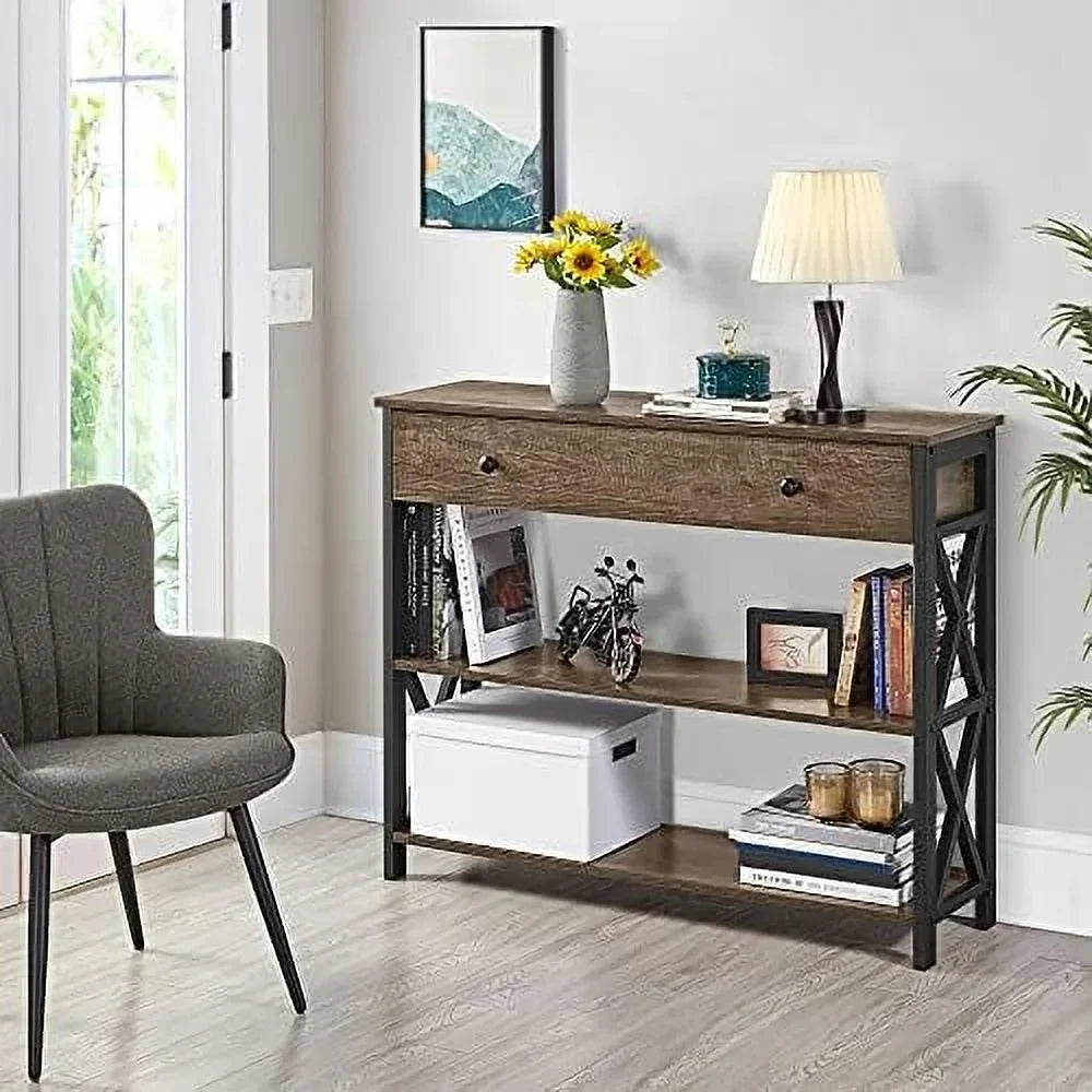 MQLIFEBOOM Console Table With Drawer And 3 Tier Shelves - Metal Frame