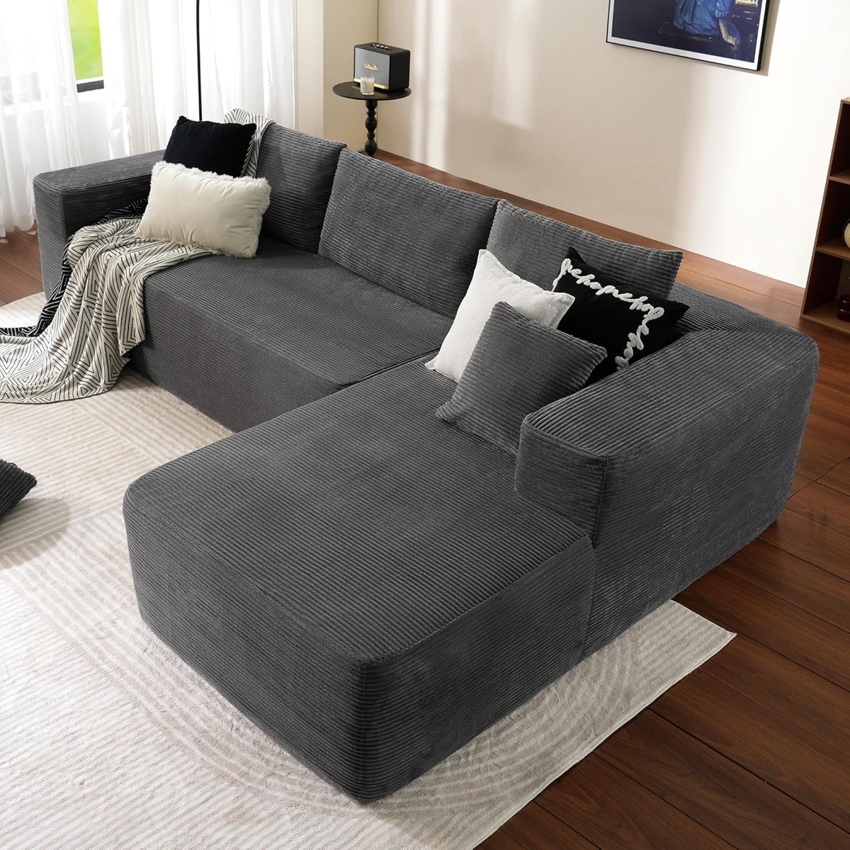 ovios 104in L-Shape Sectional Sofa With Chaise, Grey Plush Corduroy Fabric