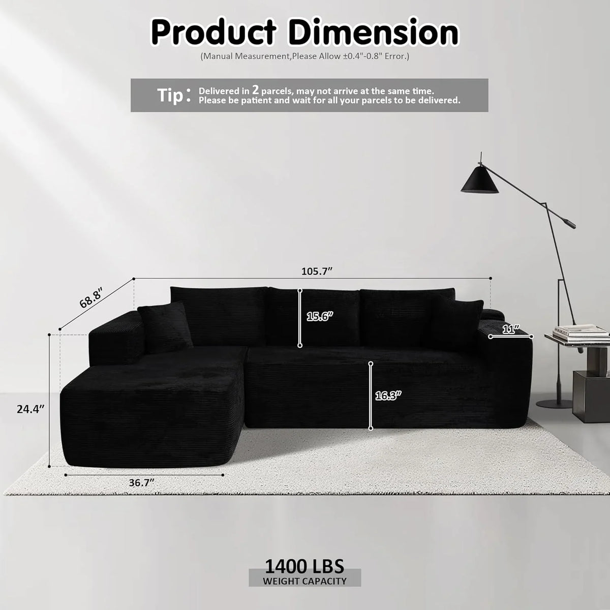 ovios 104in L-Shape Sectional Sofa With Chaise, Grey Plush Corduroy Fabric