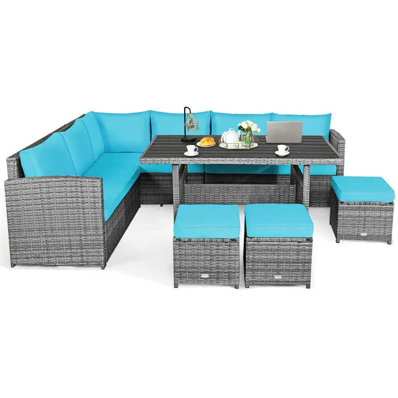 7-Piece Rattan Patio Dining Set With 3 Corner Chairs, 3 Ottomans And Table