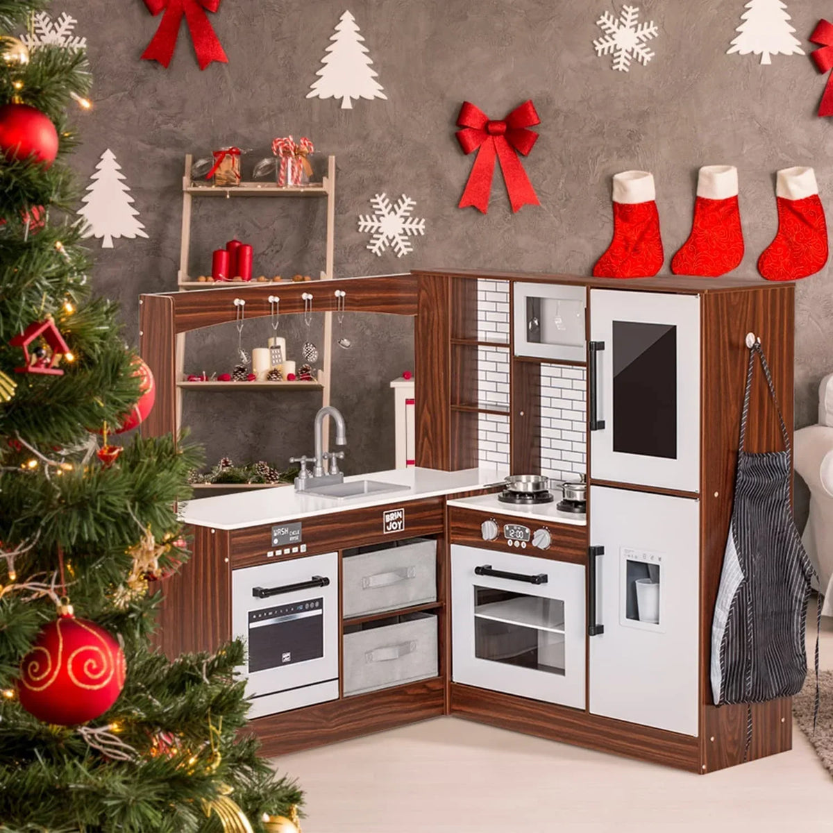 BRINJOY Corner Wooden Kids Play Kitchen With Faucet, Sink, Microwave, Oven, Apron, Blackboard, Sound And Light