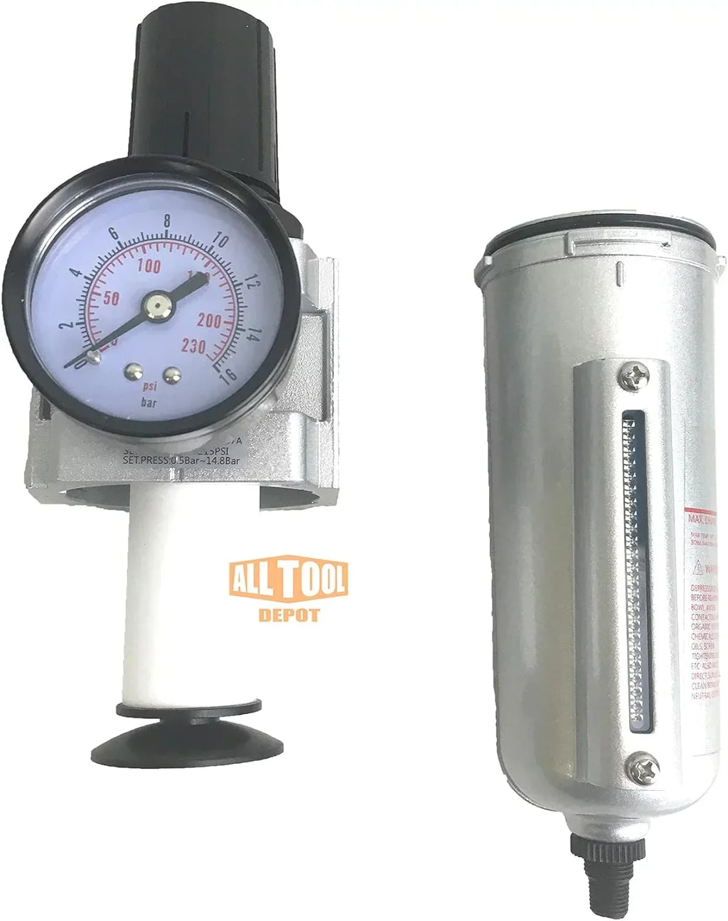 Compressed Air Inline Filter Regulator Combo, Metal Bowl, 5 Micron, 7 To 175 PSI, Auto Drain