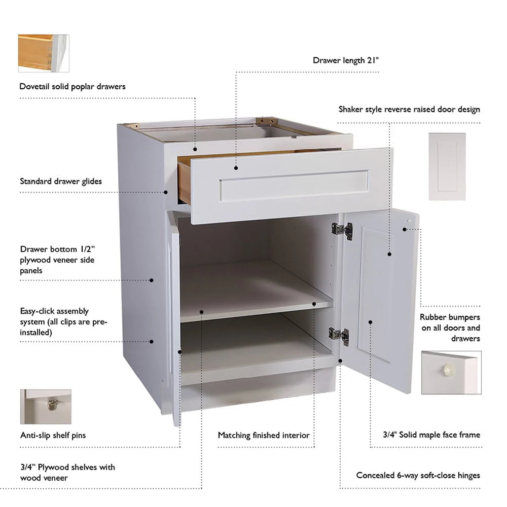 Design House Brookings Unassembled Shaker Base Kitchen Cabinet 36x34.5x24, White - 561407