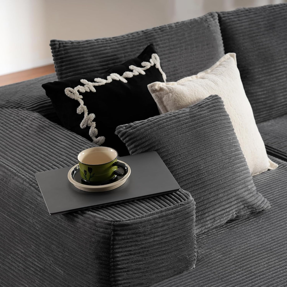 ovios 104in L-Shape Sectional Sofa With Chaise, Grey Plush Corduroy Fabric