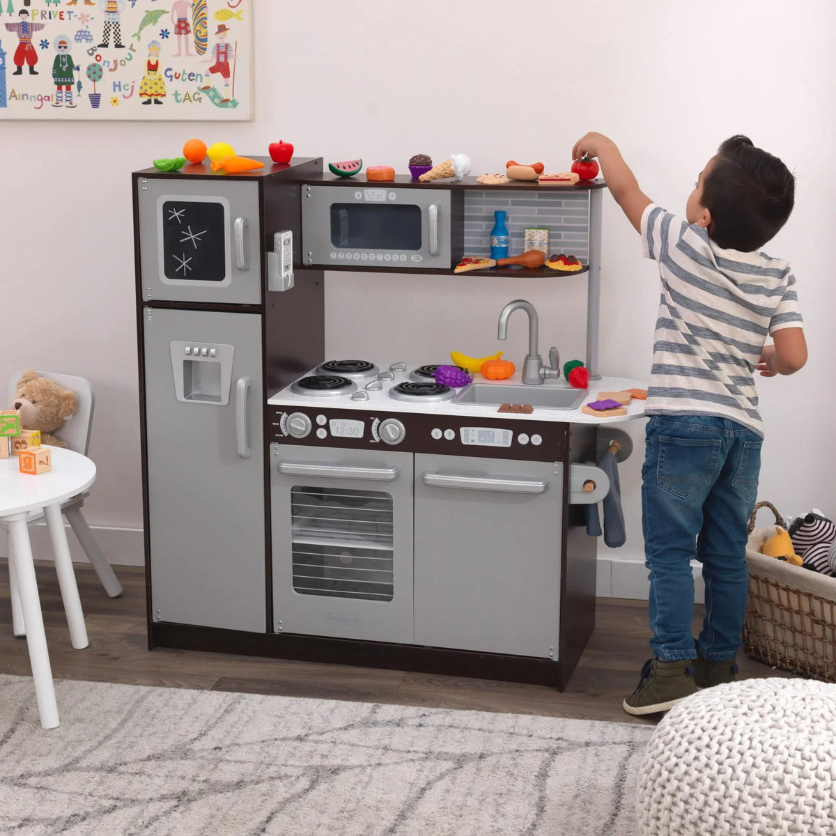 KidKraft Uptown Espresso Wooden Play Kitchen With 30-Piece Play Food Accessories