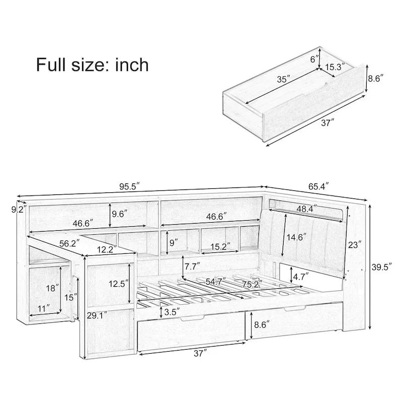 Ivery Furniture L-Shaped Wooden Twin/Full Daybed With Desk, Bookcase, Drawers And RGB Light - Natural/White