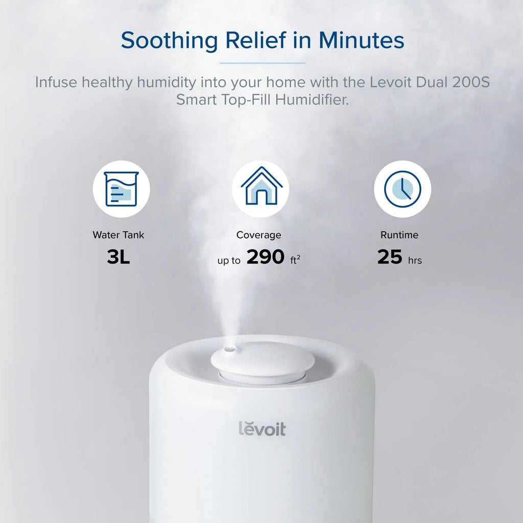 Levoit Smart Cool Mist Top-Fill Humidifier, 3 Liter, White - Dual 200S