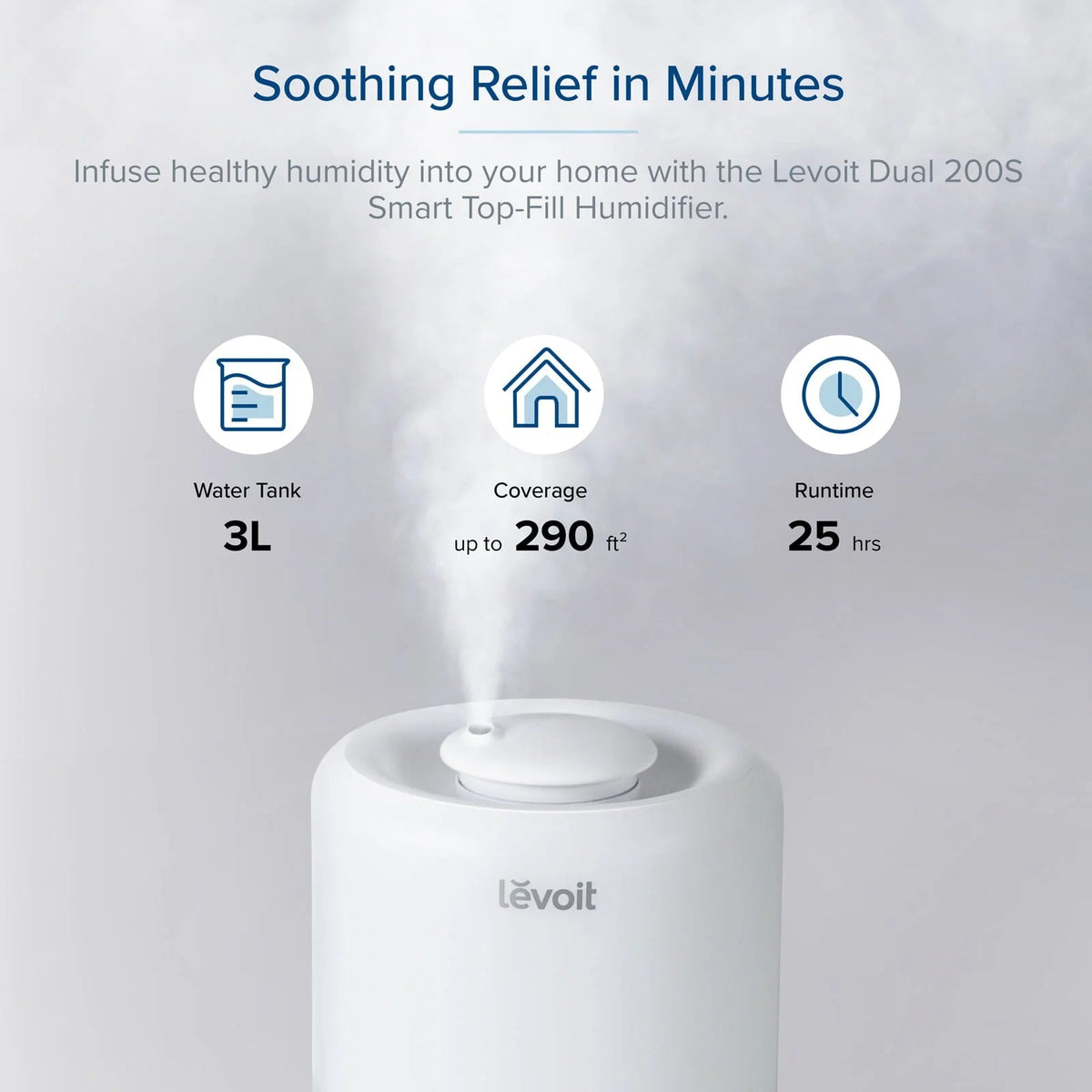 Levoit Smart Cool Mist Top-Fill Humidifier, 3 Liter, White - Dual 200S