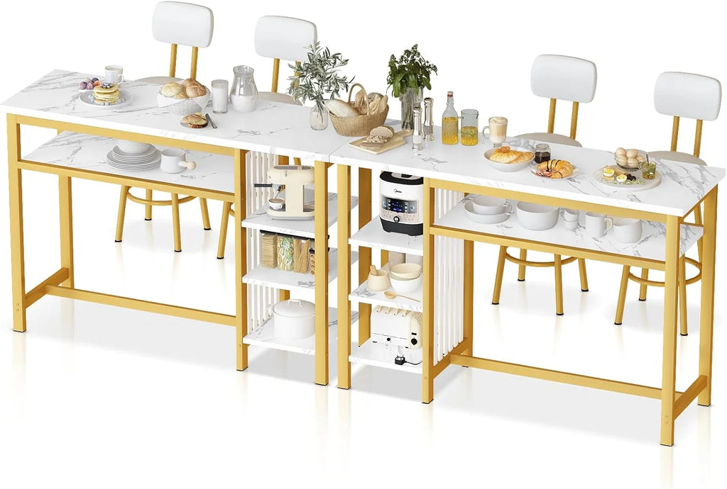 3-Piece White Faux Marble Bar Table And Chairs Set With 2 PU Cushion Bar Stools And 3-Tier Storage Shelves - Gold Frame