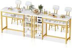 3-Piece White Faux Marble Bar Table And Chairs Set With 2 PU Cushion Bar Stools And 3-Tier Storage Shelves - Gold Frame