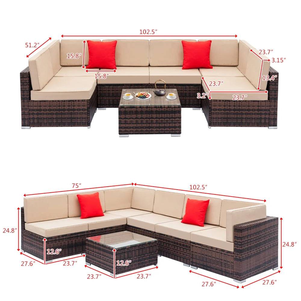 SESSLIFE 7-Piece Wicker Patio Sofa Set With Glass Coffee Table - Brown Rattan Beige Cushions