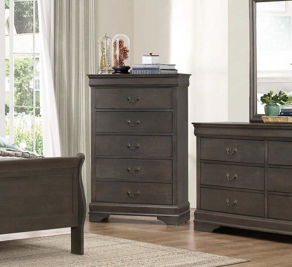 DeeHome Louis Philippe Style 1pc Chest Of 5 Drawers, Stained Gray Finish