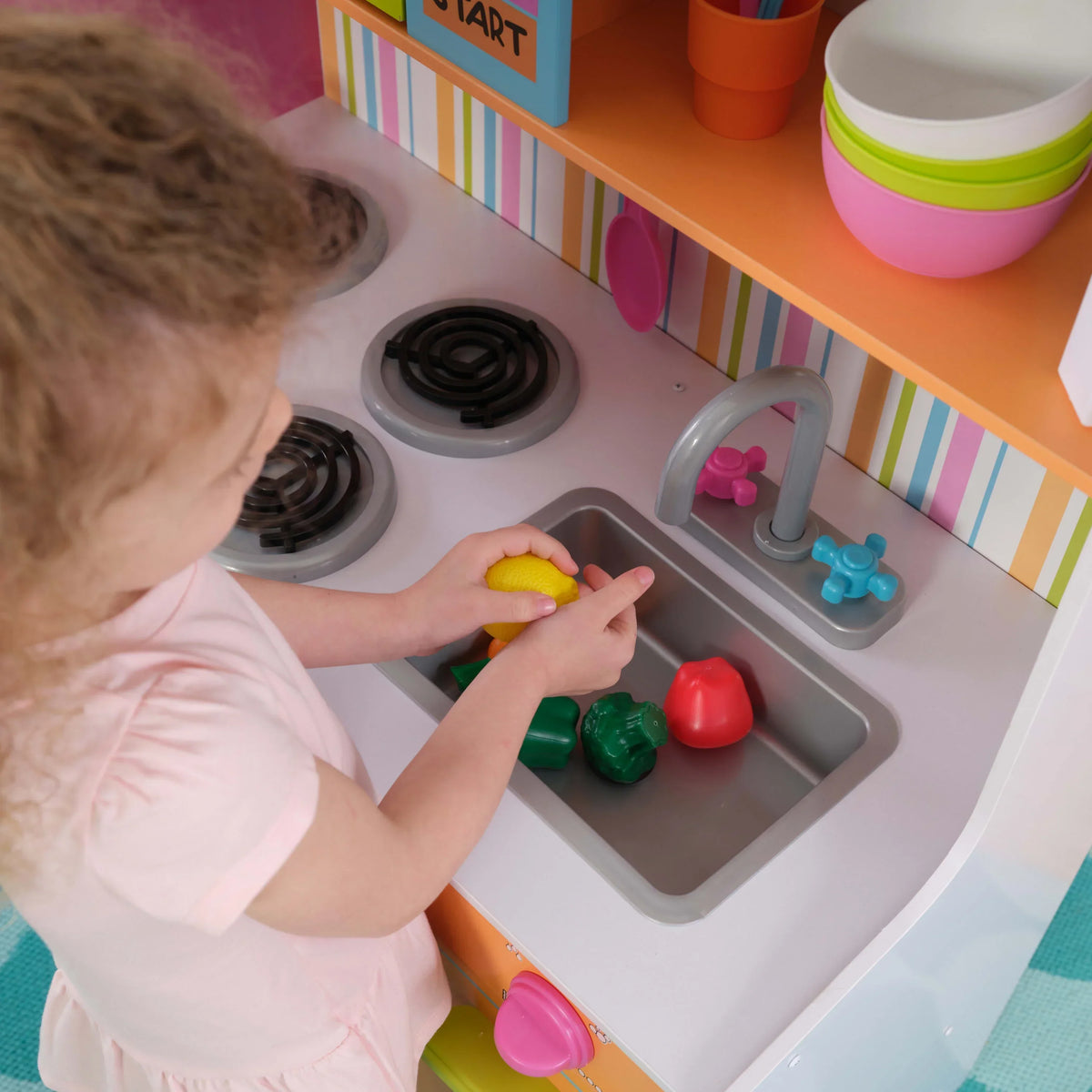 KidKraft Deluxe Big And Bright Wooden Play Kitchen For Kids - Neon Colors