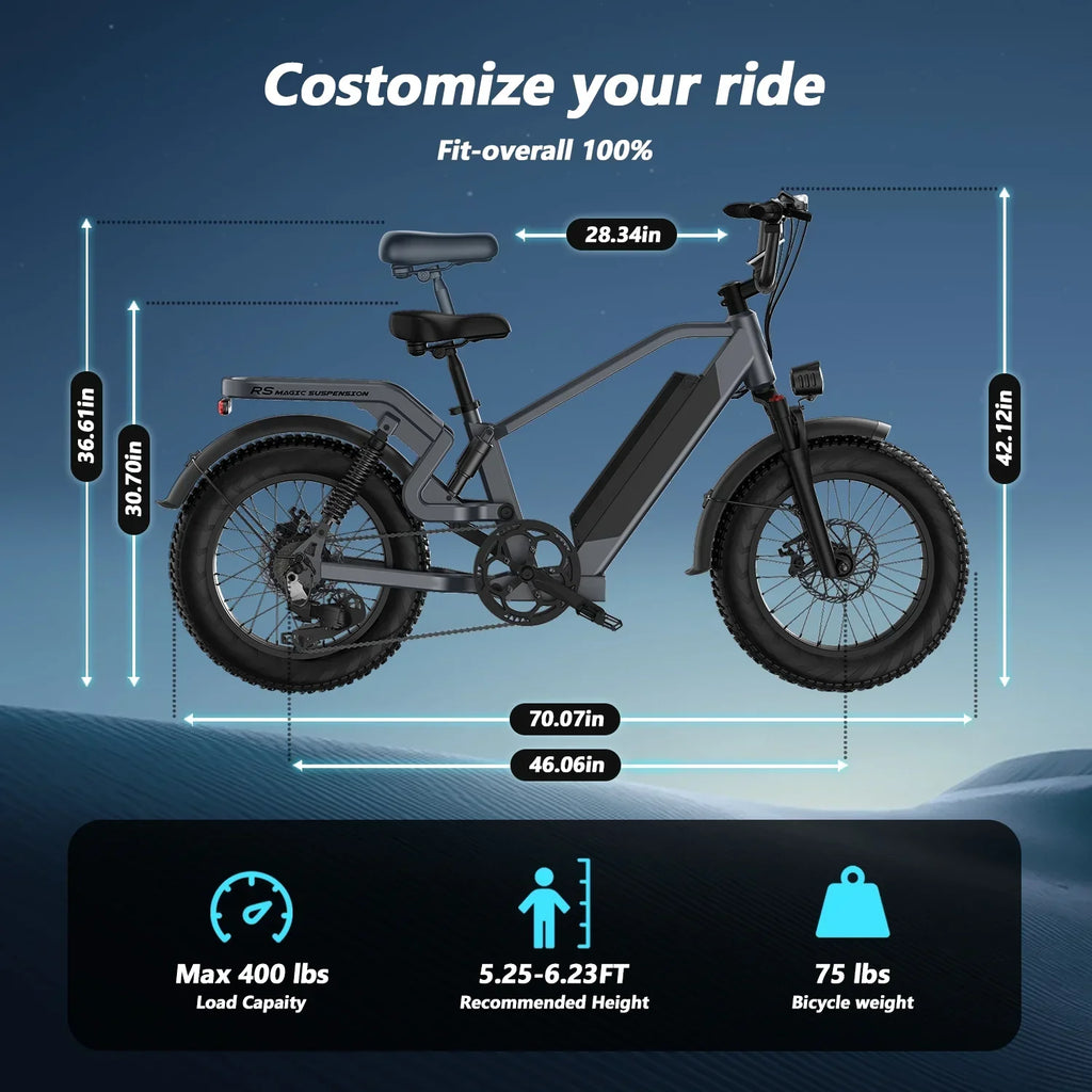 Adult Folding Electric Bike, 20in Fat Tire, 750W, 48V 25AH, 7 Speed, 20MPH - RS