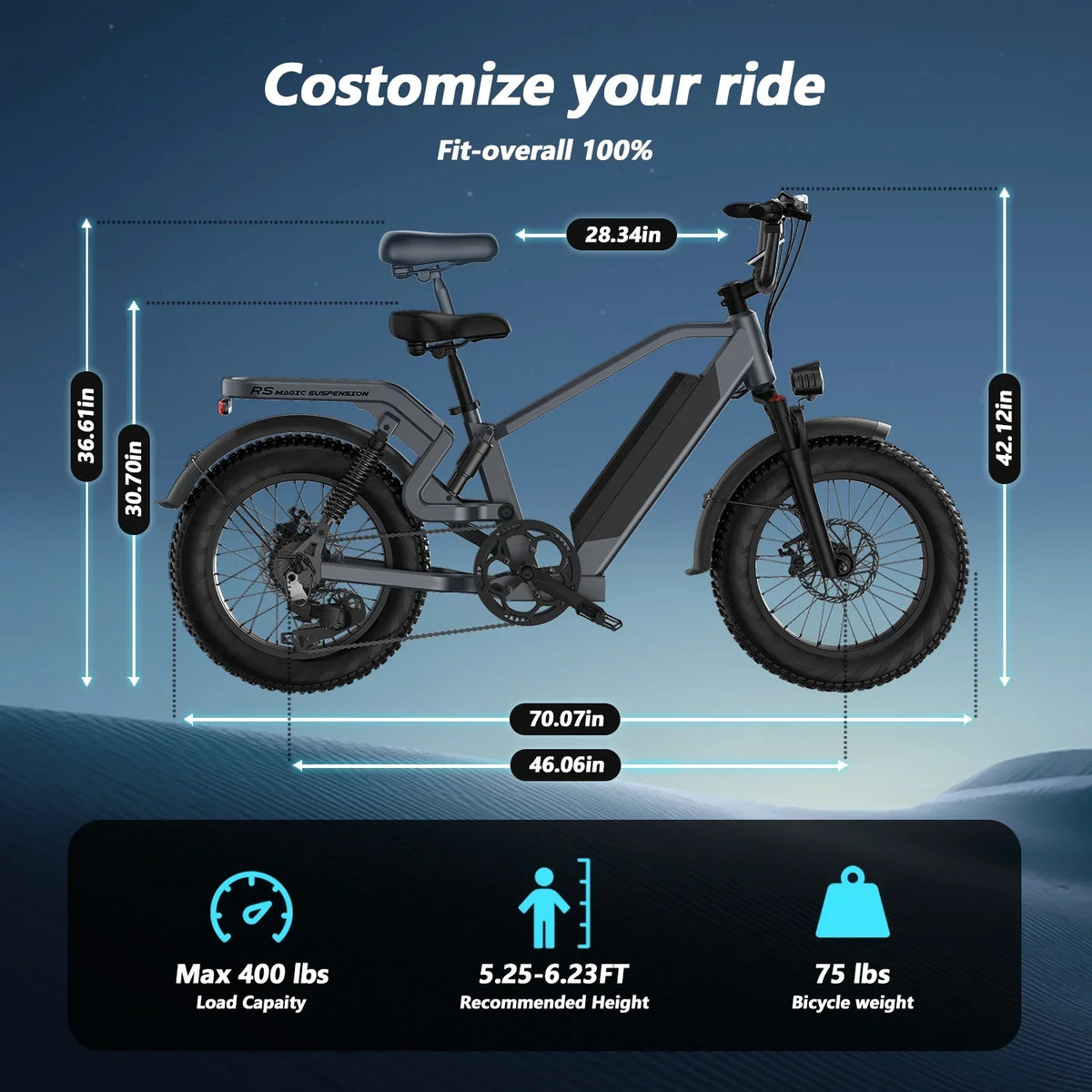 Adult Folding Electric Bike, 20in Fat Tire, 750W, 48V 25AH, 7 Speed, 20MPH - RS