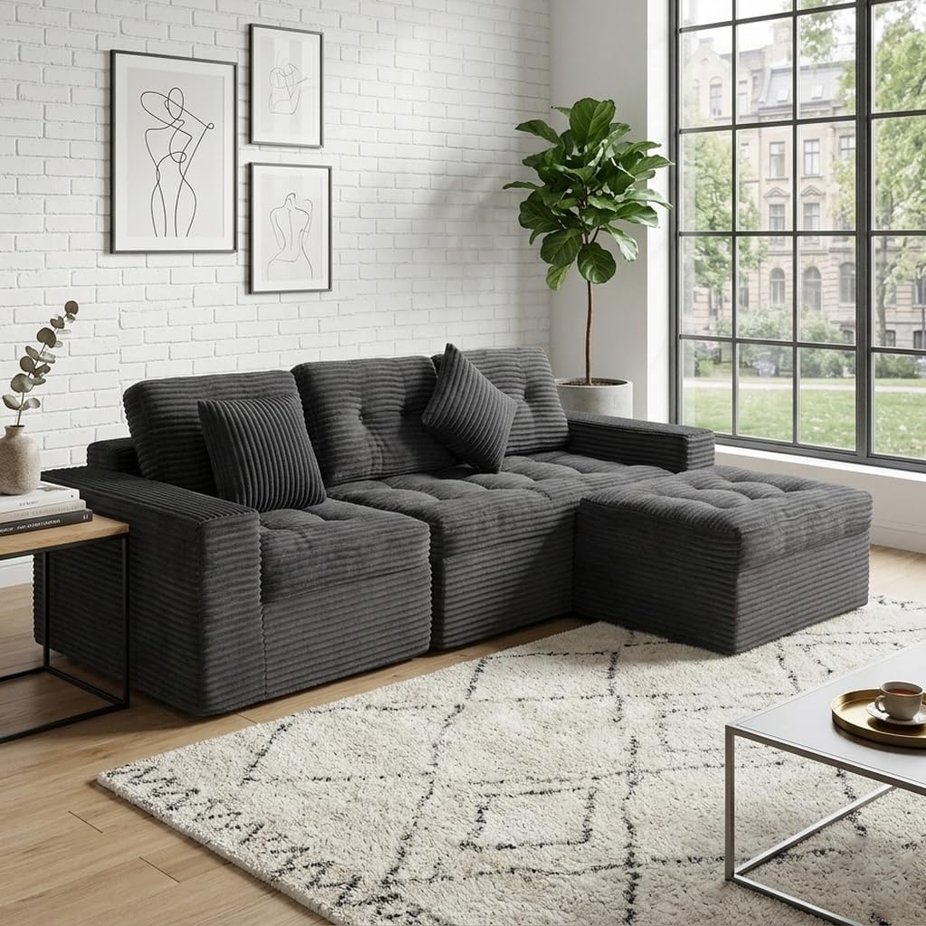 Oversized 135in 3-Piece Corduroy Upholstered Sectional Sofa With Deep Seat - Full Foam