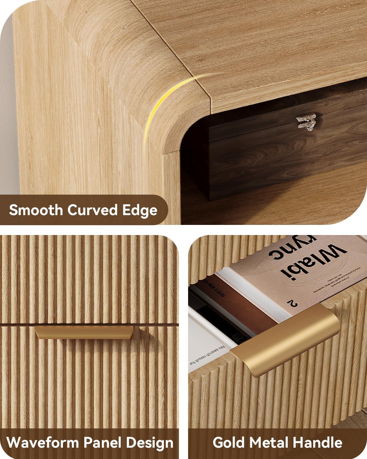 Fluted Nightstand Set Of 2 With Charging Station, 24 Inch, Natural Oak