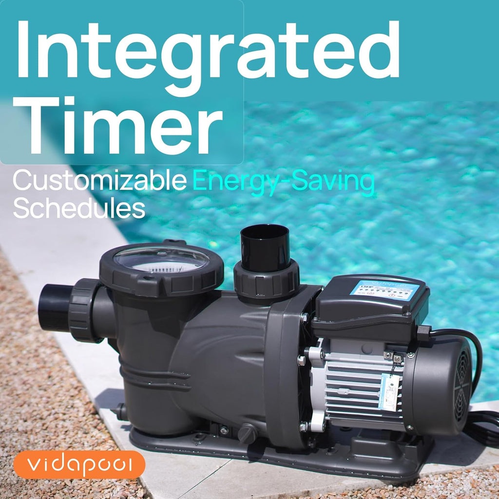 Vidapool In/Above Ground Pool Pump, Self-Priming, 2HP, 8120 GPH, 220V With Timer