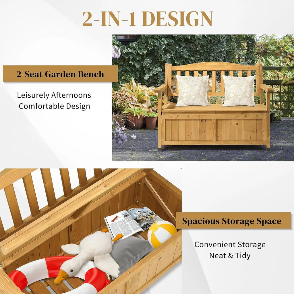 Outvita Outdoor Wood Storage Bench Loveseat With Armrests - 2 Person