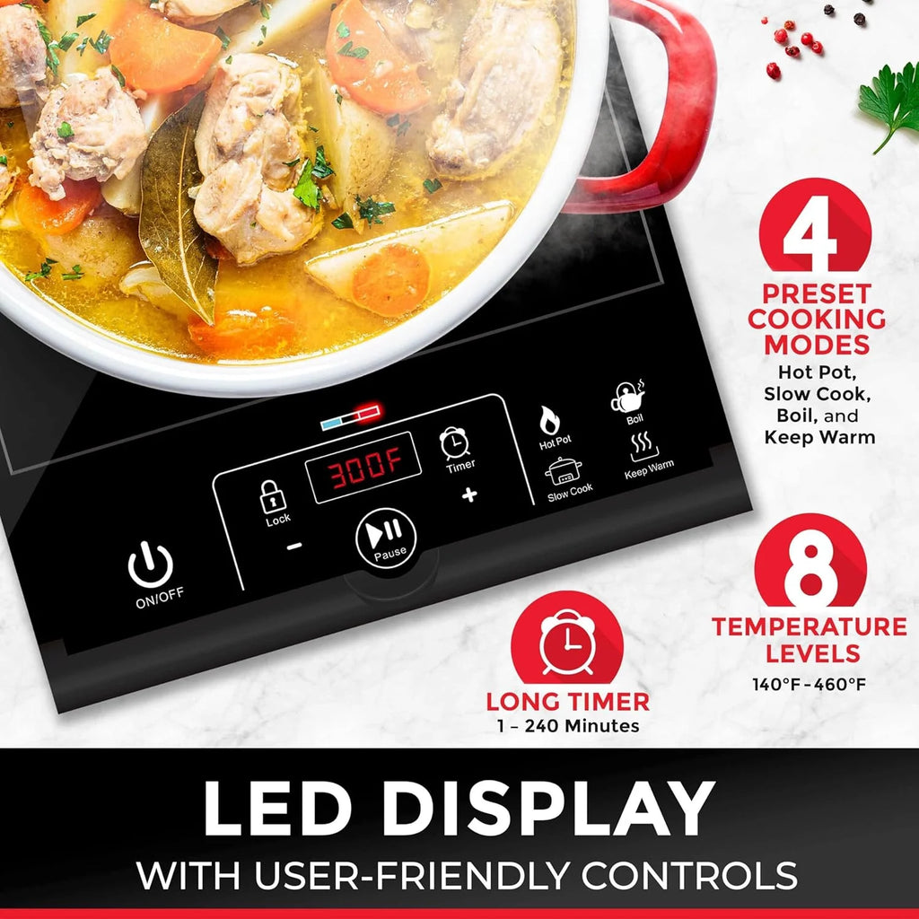 RapidTherm Portable Induction Cooktop Hot Plate, 1800W, 8 Temperature Levels