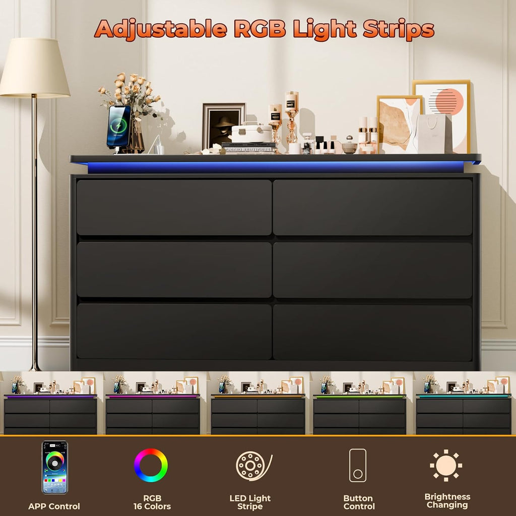 6-Drawer Black Wooden Dresser With Charging Station And LED Lights - 47.2 in
