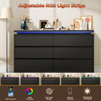 6-Drawer Black Wooden Dresser With Charging Station And LED Lights - 47.2 in