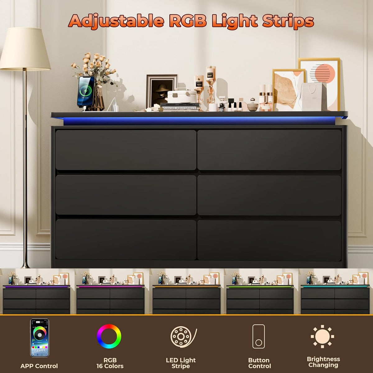 6-Drawer Black Wooden Dresser With Charging Station And LED Lights - 47.2 in