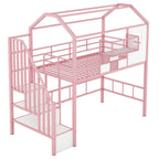 Pink Twin Metal Loft Bed With Roof Design And Storage Box
