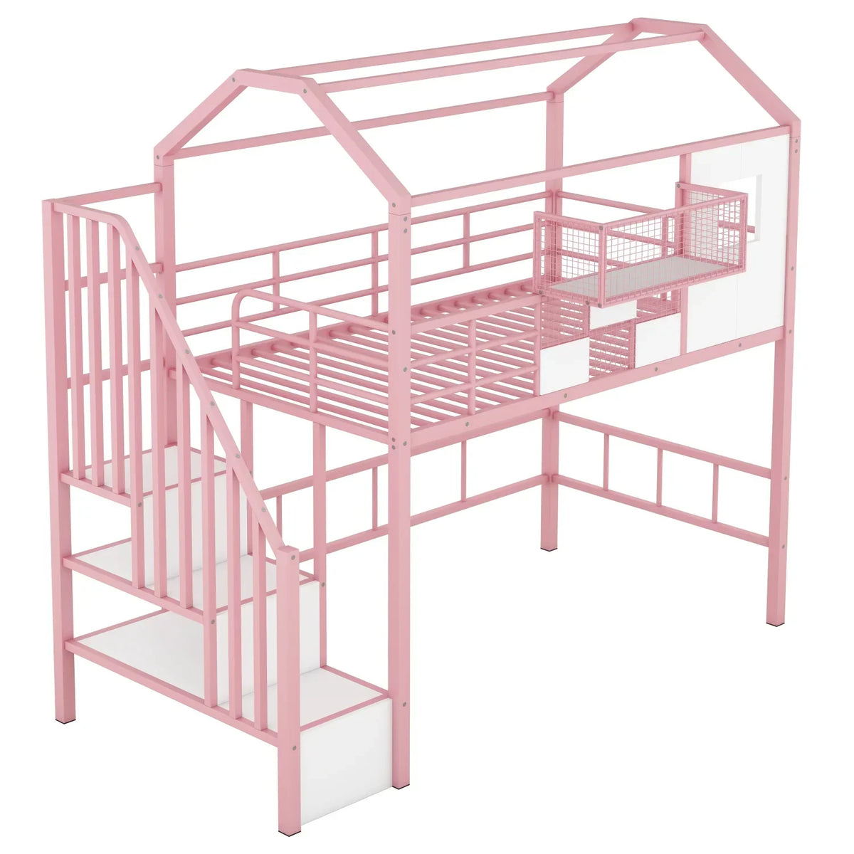 Pink Twin Metal Loft Bed With Roof Design And Storage Box