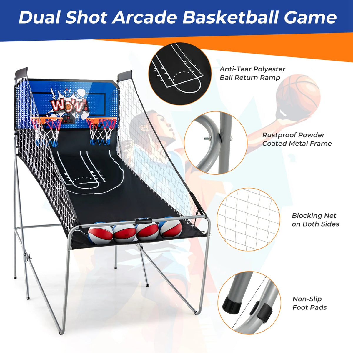 Costway Dual Shot Basketball Arcade Game, Blue, 8 Game Modes, 81in x 43in x 81in