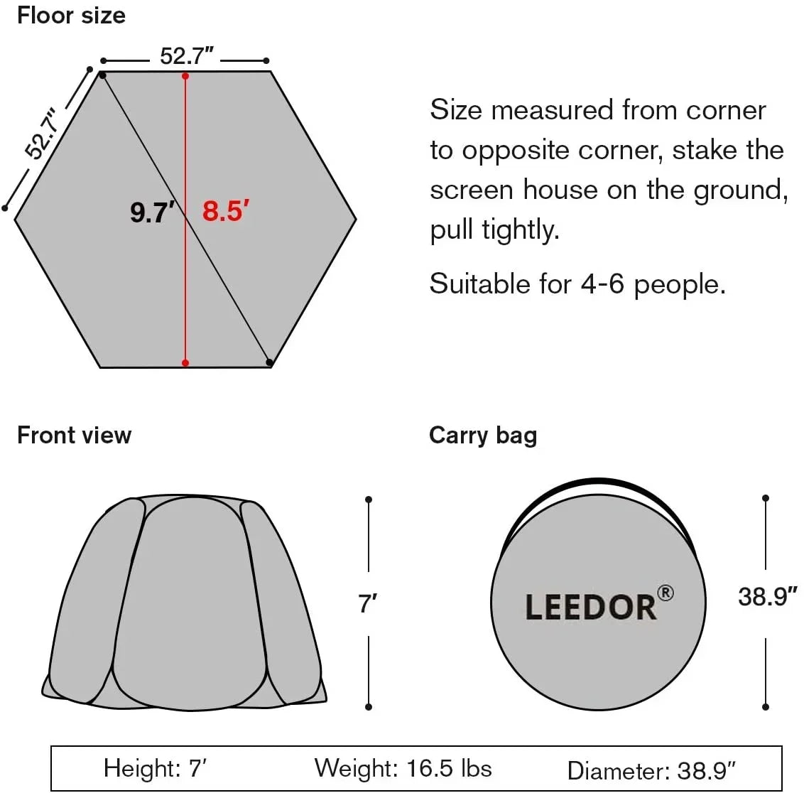 Leedor Screen House Tent Outdoor Canopy 10' x 10' x 7' H Gray