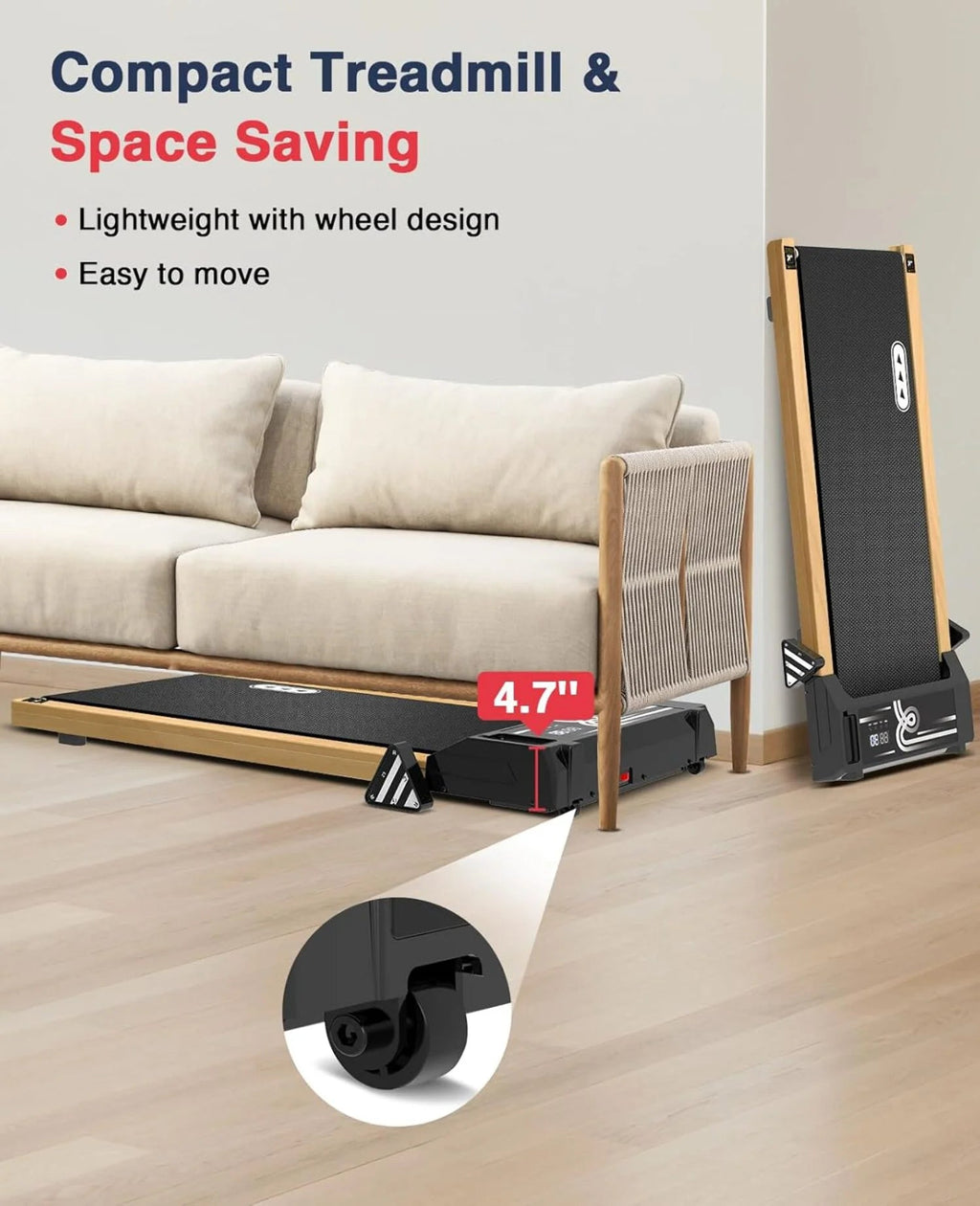 Ecotronic Indoor Electric Walking Pad With Natural Wood Finish, 2.25HP Motor, LED Display, Remote Control And Incline
