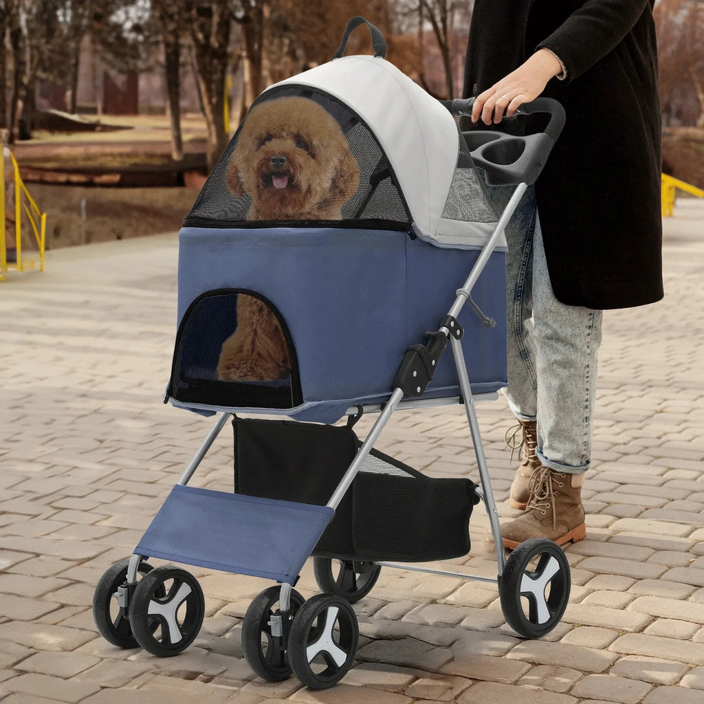 MoNiBloom 4-Wheel Foldable Pet Stroller, 33 lbs, Navy Blue