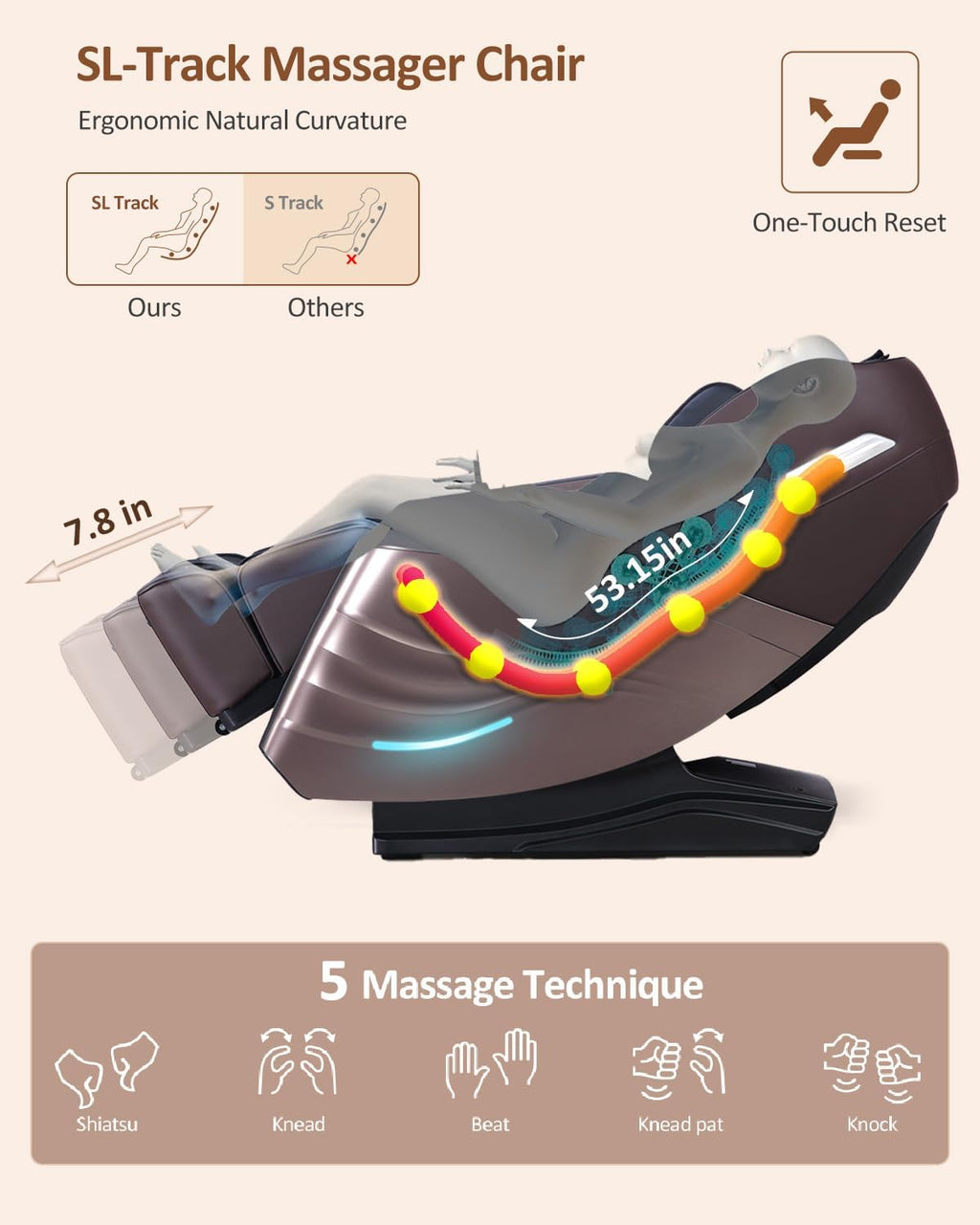 RELX Full Body Massage Chair, 20 Modes, 53-inch SL-Track, Brown