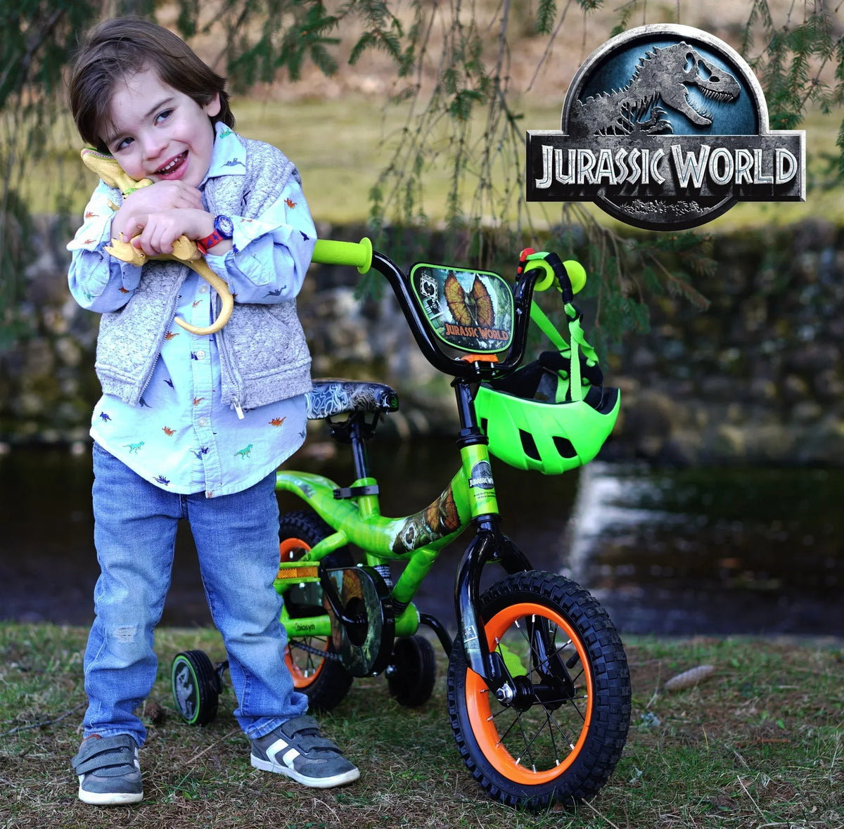 Jurassic World 12-inch Raptor Boys Bicycle With Training Wheels, Green And Orange