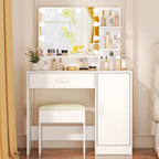 Ktaxon Vanity Makeup Table With Stool, 3-Color Lighted Mirror, 3 Shelves, Drawers, White - 35.43 x 15.55 x 29.53-53.27 in