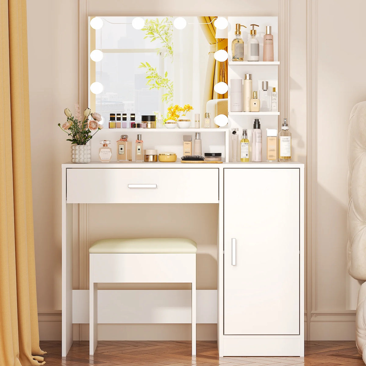 Ktaxon Vanity Makeup Table With Stool, 3-Color Lighted Mirror, 3 Shelves, Drawers, White - 35.43 x 15.55 x 29.53-53.27 in