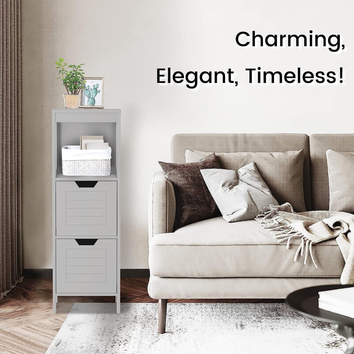 Freestanding Wooden Bathroom Storage Cabinet With 2 Adjustable Drawers - Gray
