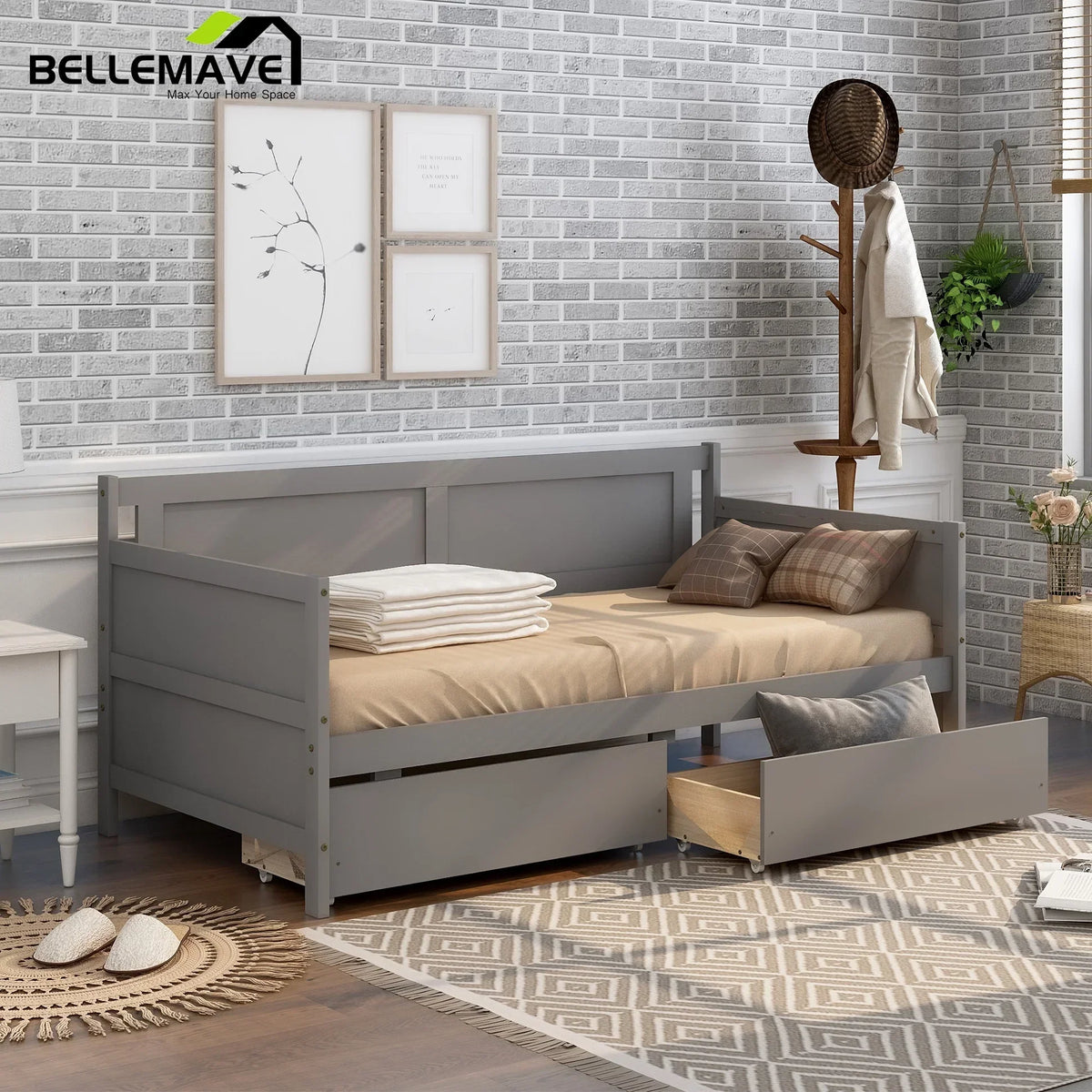 Bellemave Twin Wood Storage Daybed With 2 Drawers, Gray