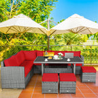 7-Piece Rattan Patio Dining Set With 3 Corner Chairs, 3 Ottomans And Table